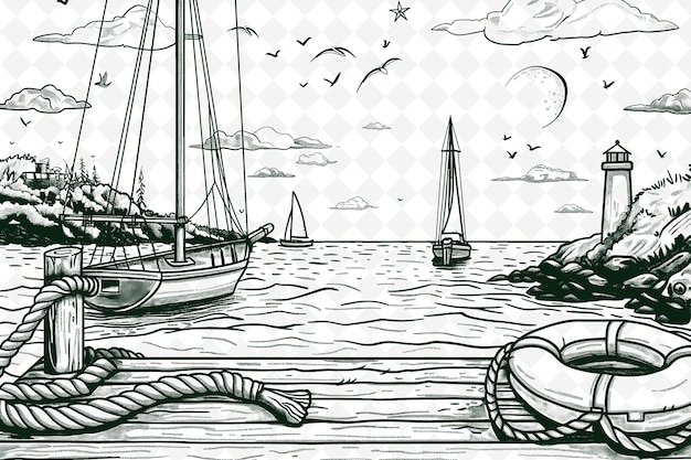 A drawing of boats and a boat on a lake with a sky background