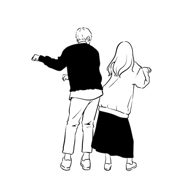 一緒に歩いている男の子と女の子の絵。