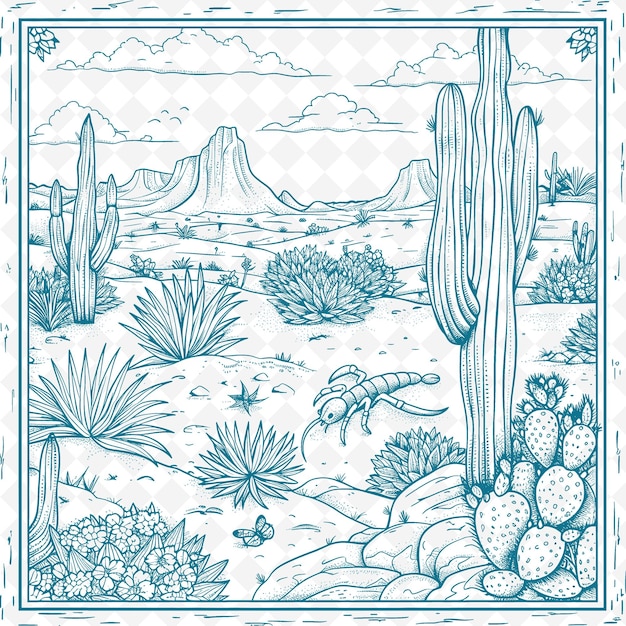 A drawing of cactus and cactus with a mountain in the background