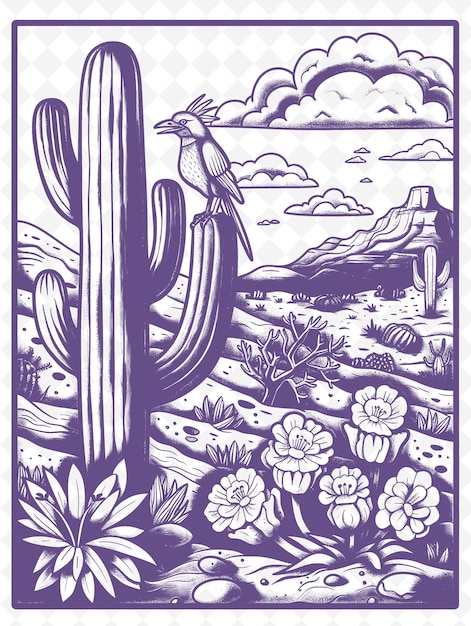PSD un disegno di un cactus con un uccello su di esso