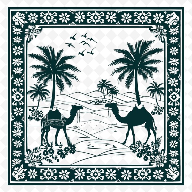 A drawing of camels with palm trees in the background