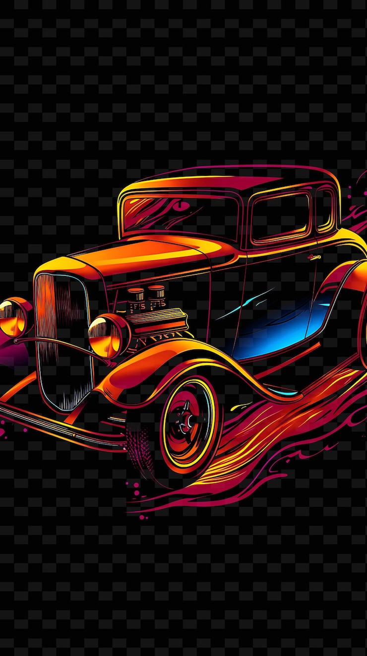 PSD a drawing of a car with flames on the back