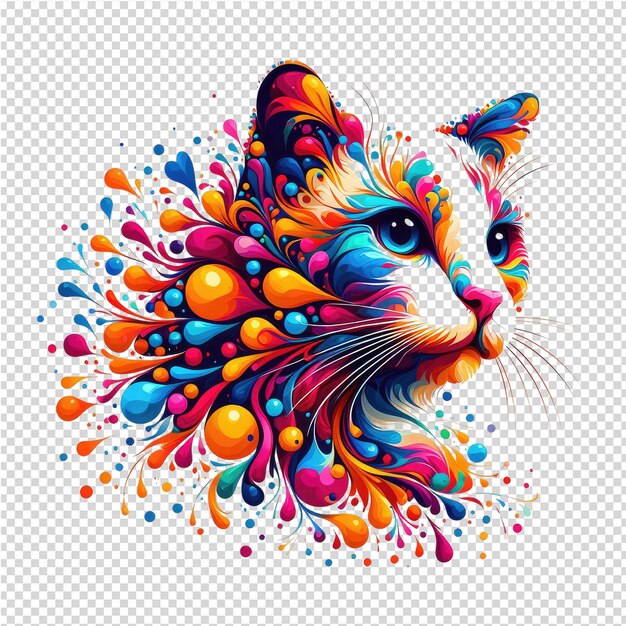 Un disegno di un gatto con macchie colorate e una testa colorata