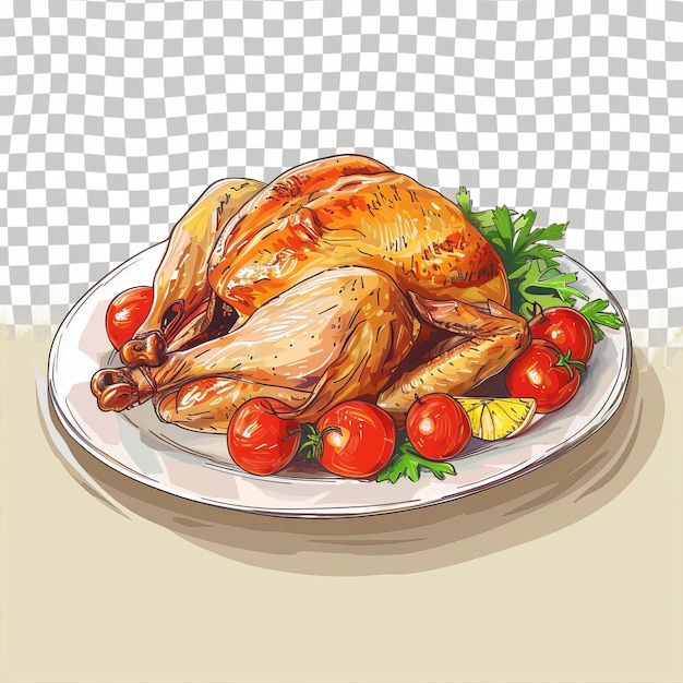 PSD un disegno di un pollo su un piatto con pomodori e pomodori