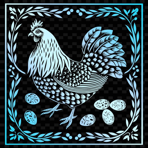 A drawing of a chicken with eggs in the middle