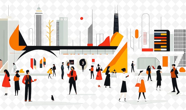 PSD a drawing of a city with people walking around and a city in the background
