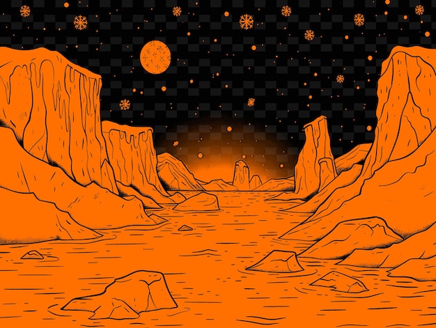 A drawing of a cliff that has a moon in it