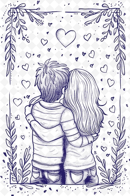 A drawing of a couple looking at each other with hearts in the background