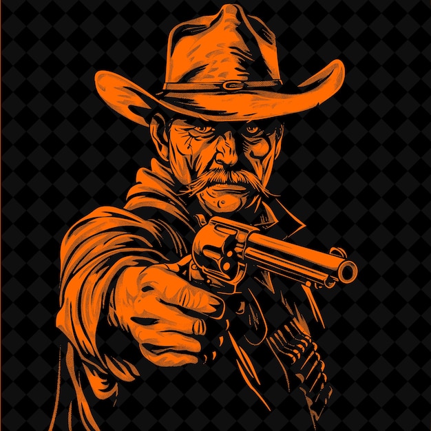 A drawing of a cowboy with a gun pointing a gun
