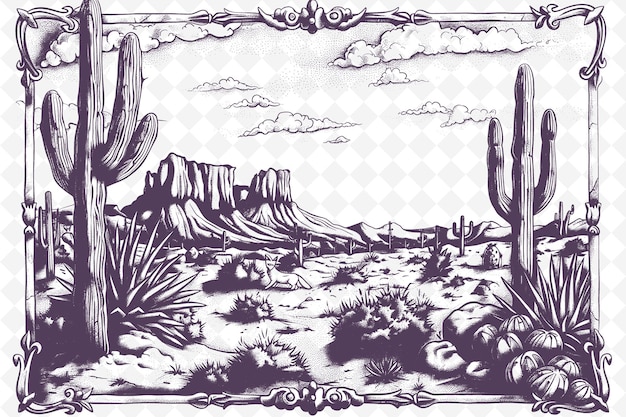 PSD un disegno di un deserto con cactus e paesaggio desertico