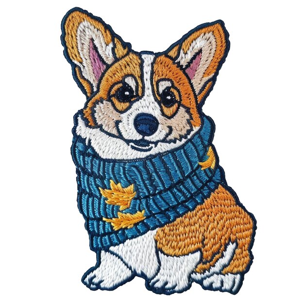 A drawing of a dog wearing a blue sweater with a yellow flower on the front
