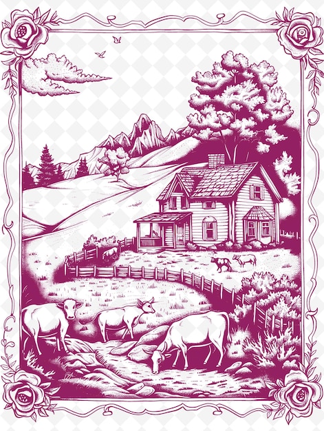 A drawing of a farm with a house and a cow in the background