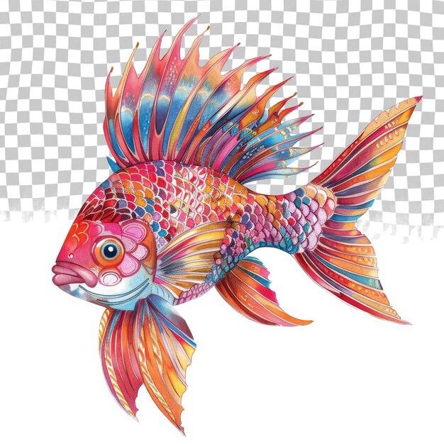 PSD un disegno di un pesce con piume colorate su di esso