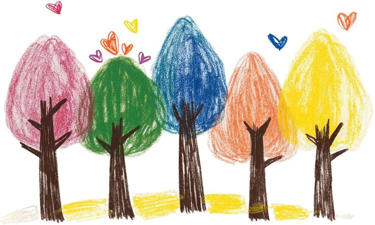 PSD a drawing of a forest with trees and hearts
