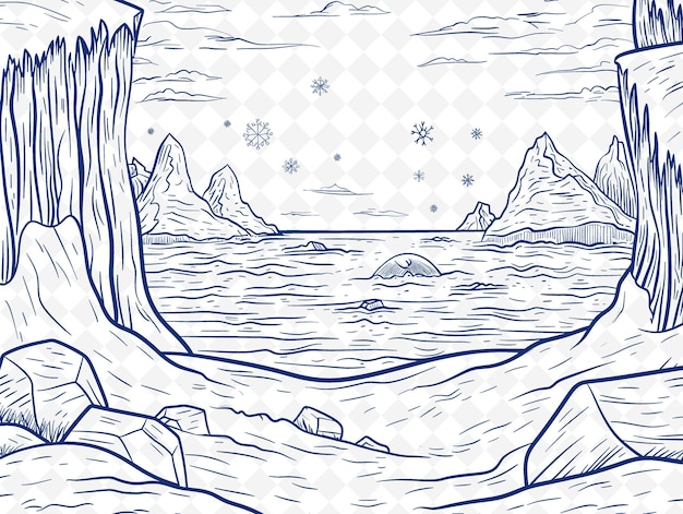 A drawing of a frozen waterfall with snow on the top