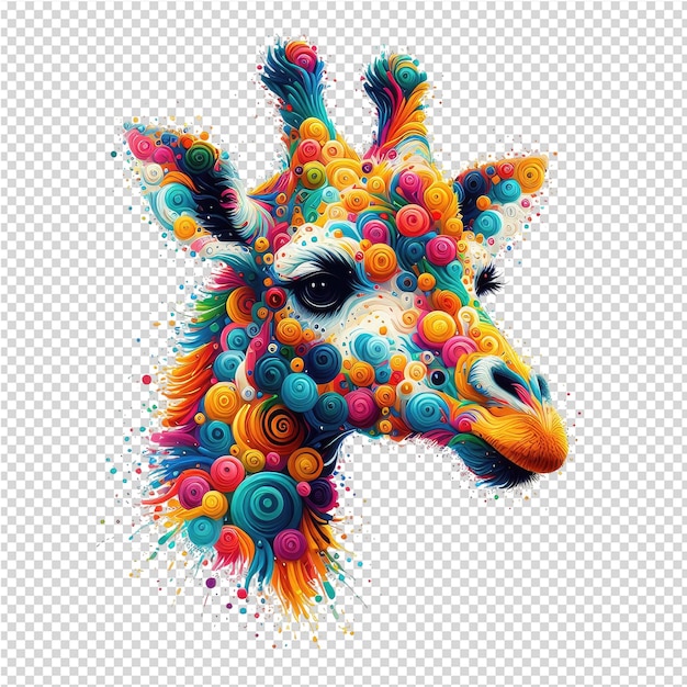 A drawing of a giraffe with colorful and colored dots