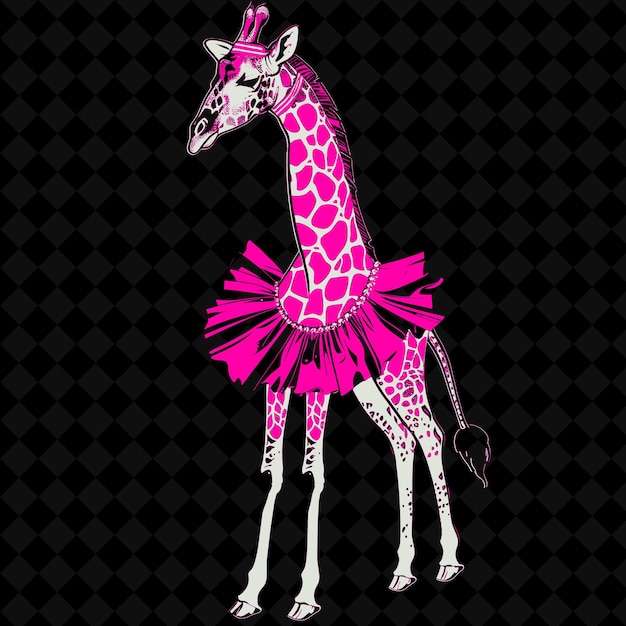 A drawing of a giraffe with a pink tutu on it