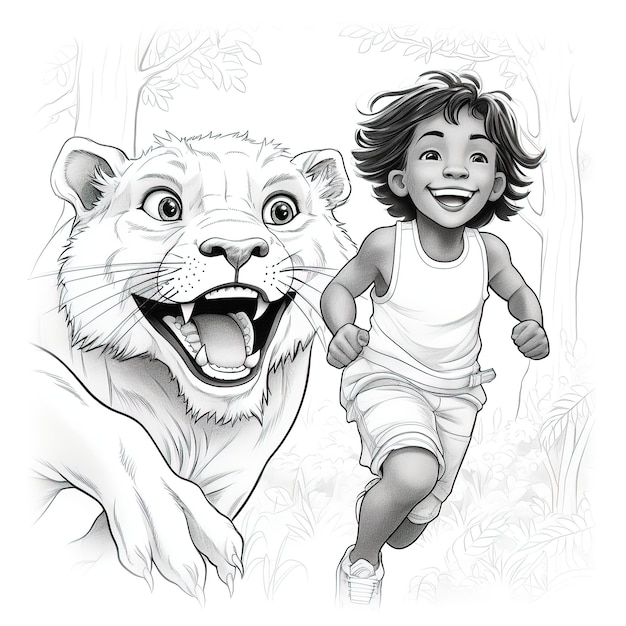 PSD a drawing of a girl running with a lion and a lion.