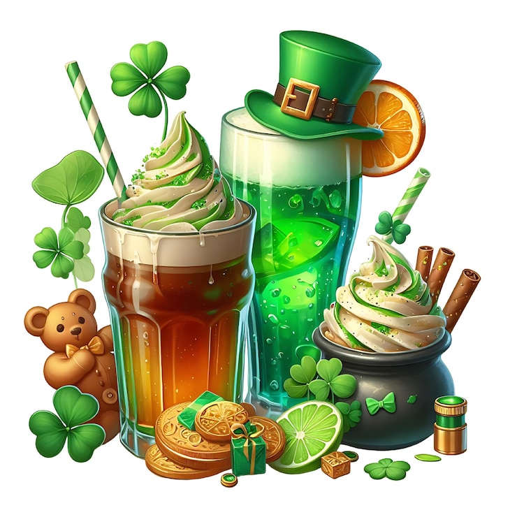 PSD a drawing of a green shamrock and two glasses of beer with a clover and a green shamrock