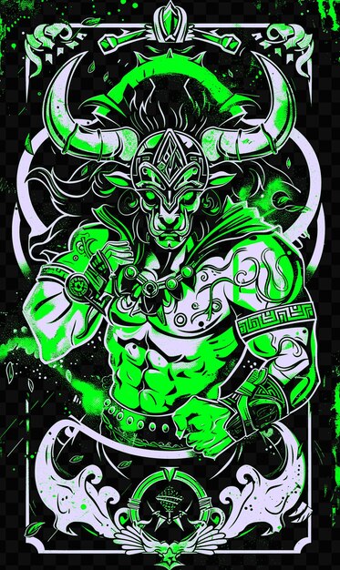 A drawing of a green warrior with a green background