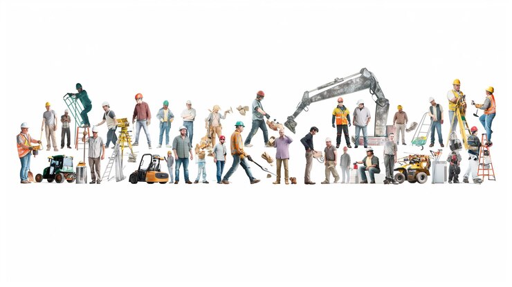 PSD a drawing of a group of people with a crane in the background