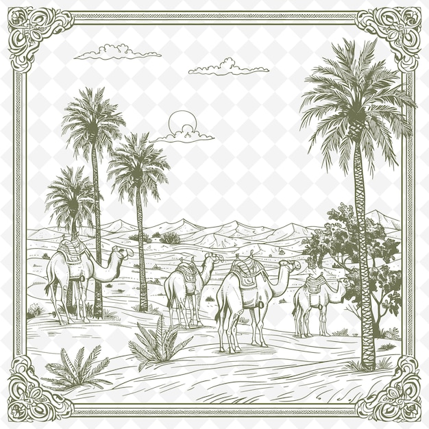 A drawing of a group of people with palm trees in the background