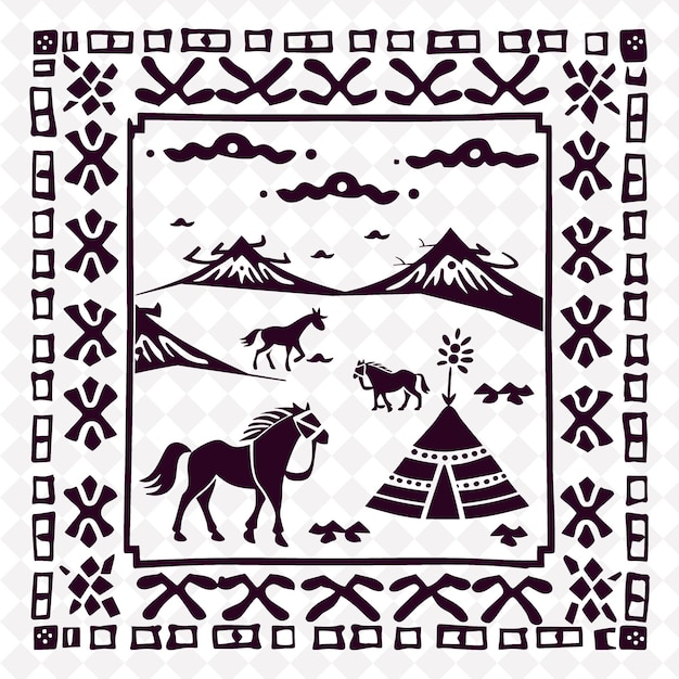 Un disegno di cavalli e montagne con un'immagine di un cavallo e montagne sullo sfondo