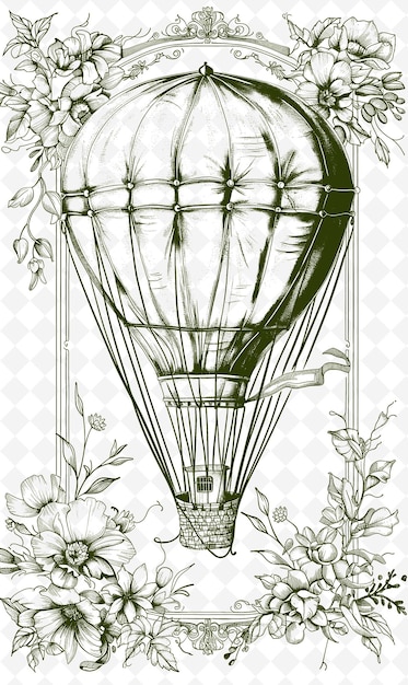 花と熱空気の文字が描かれた熱気球の絵