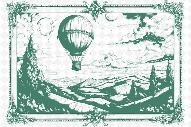 PSD a drawing of a hot air balloon with a mountain landscape in the background