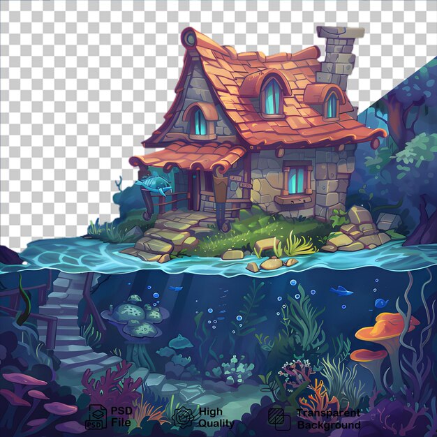 A drawing of a house with a fish swimming in the water