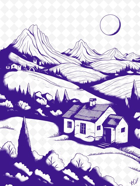 PSD a drawing of a house with a mountain in the background