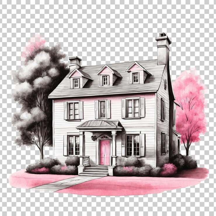 PSD a drawing of a house with a pink tree in the background