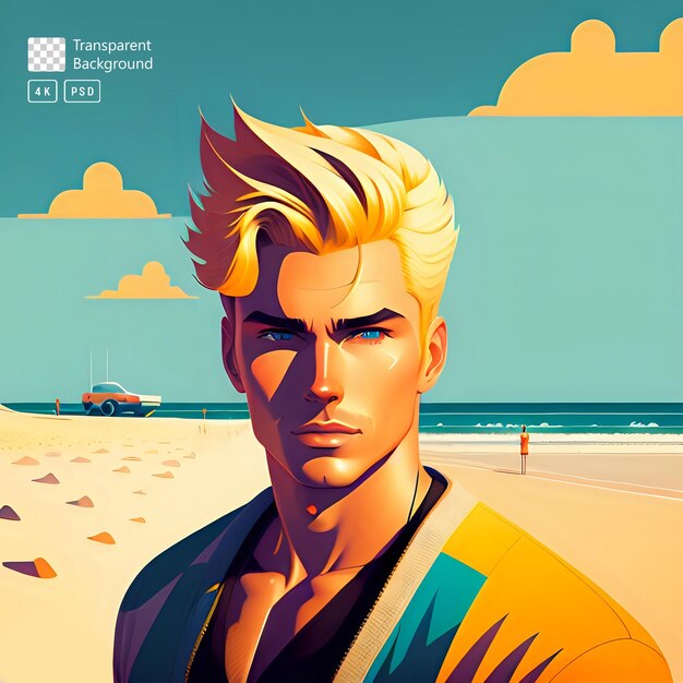 PSD drawing illustration young man with sea beach background