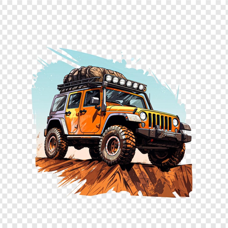 PSD 青い空と黄色い屋根の車両の絵を描いたジープの絵