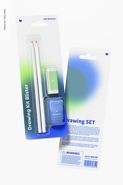 PSD drawing kit blisters mockup, floating