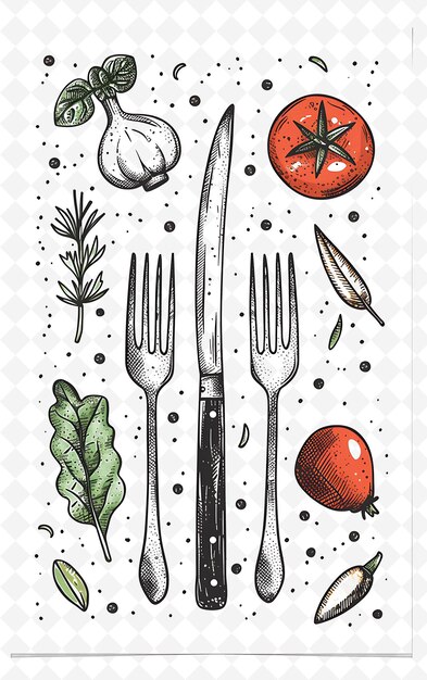 PSD a drawing of a knife and fork with the title  tomatoe  on it