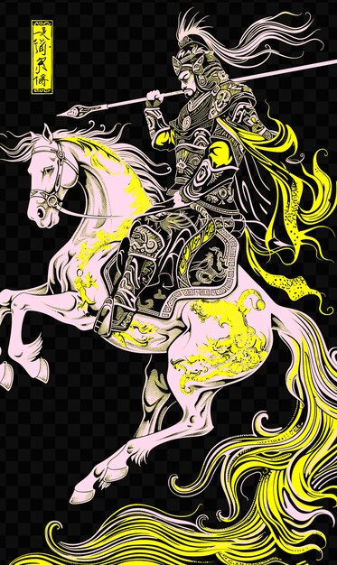 PSD a drawing of a knight on a horse with a yellow and green background