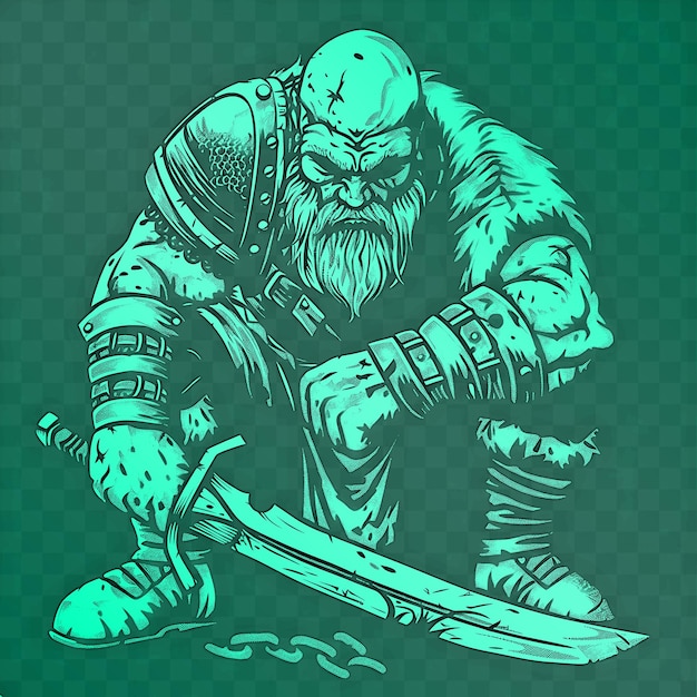 A drawing of a knight with a sword and a green background