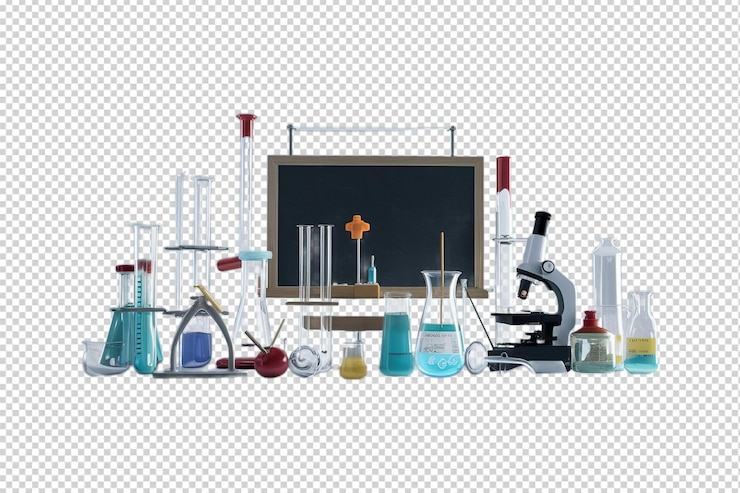 PSD a drawing of a lab with a bottle of chemical test tubes on transparent background