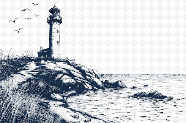 A drawing of a lighthouse on a black and white background