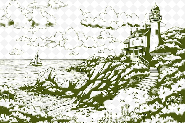 PSD a drawing of a lighthouse on a cloudy day