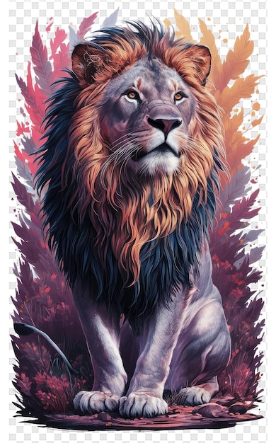 A drawing of a lion with a forest background