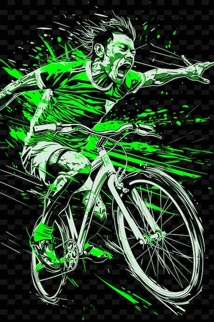 A drawing of a man on a bike with a green background