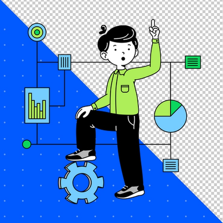 PSD a drawing of a man on a board with a blue background with a diagram of graphs and charts