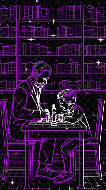 PSD a drawing of a man and a child playing chess with a man in a suit