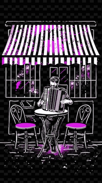 PSD a drawing of a man playing an accordion in front of a window