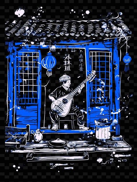 PSD a drawing of a man playing a guitar in front of a house with chinese writing on it