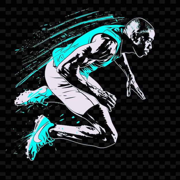 A drawing of a man running with a blue and green background