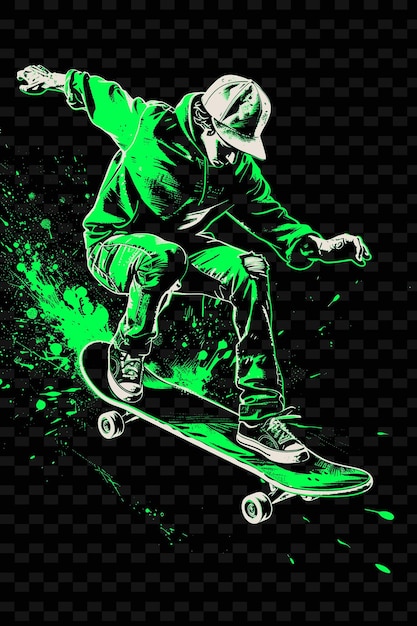 Un disegno di un uomo su uno skateboard con vernice verde