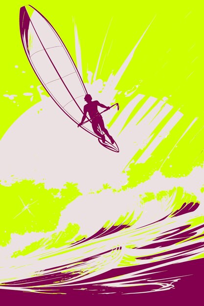 A drawing of a man on a surfboard with a green background